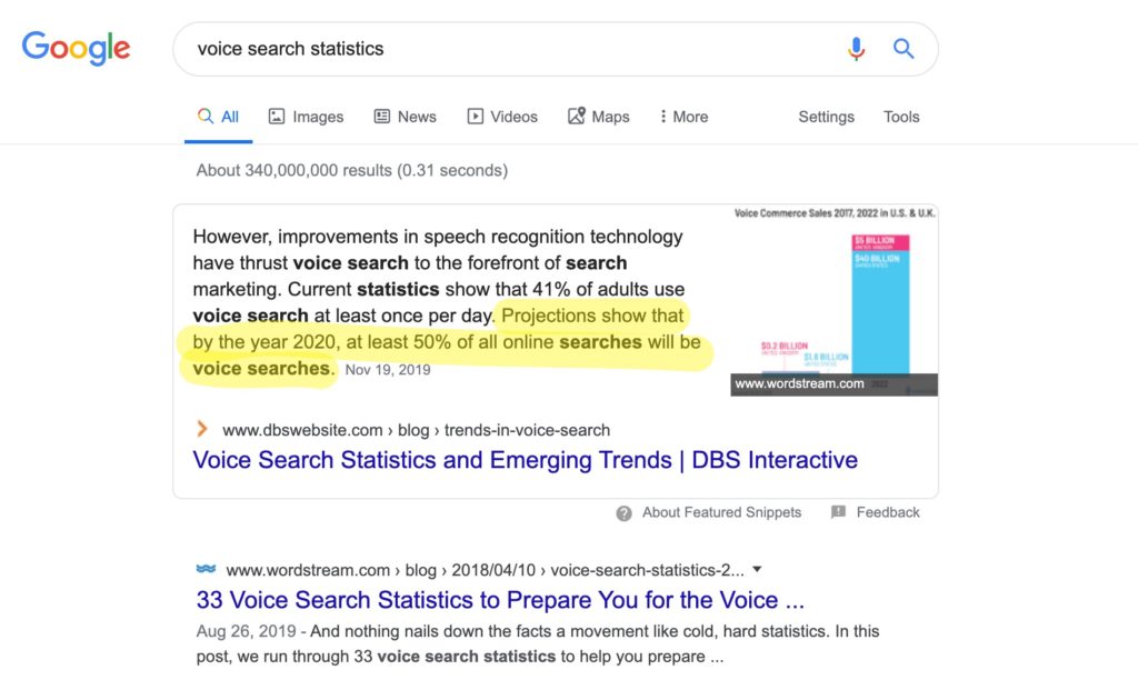 voice search statistics appearing in a google search