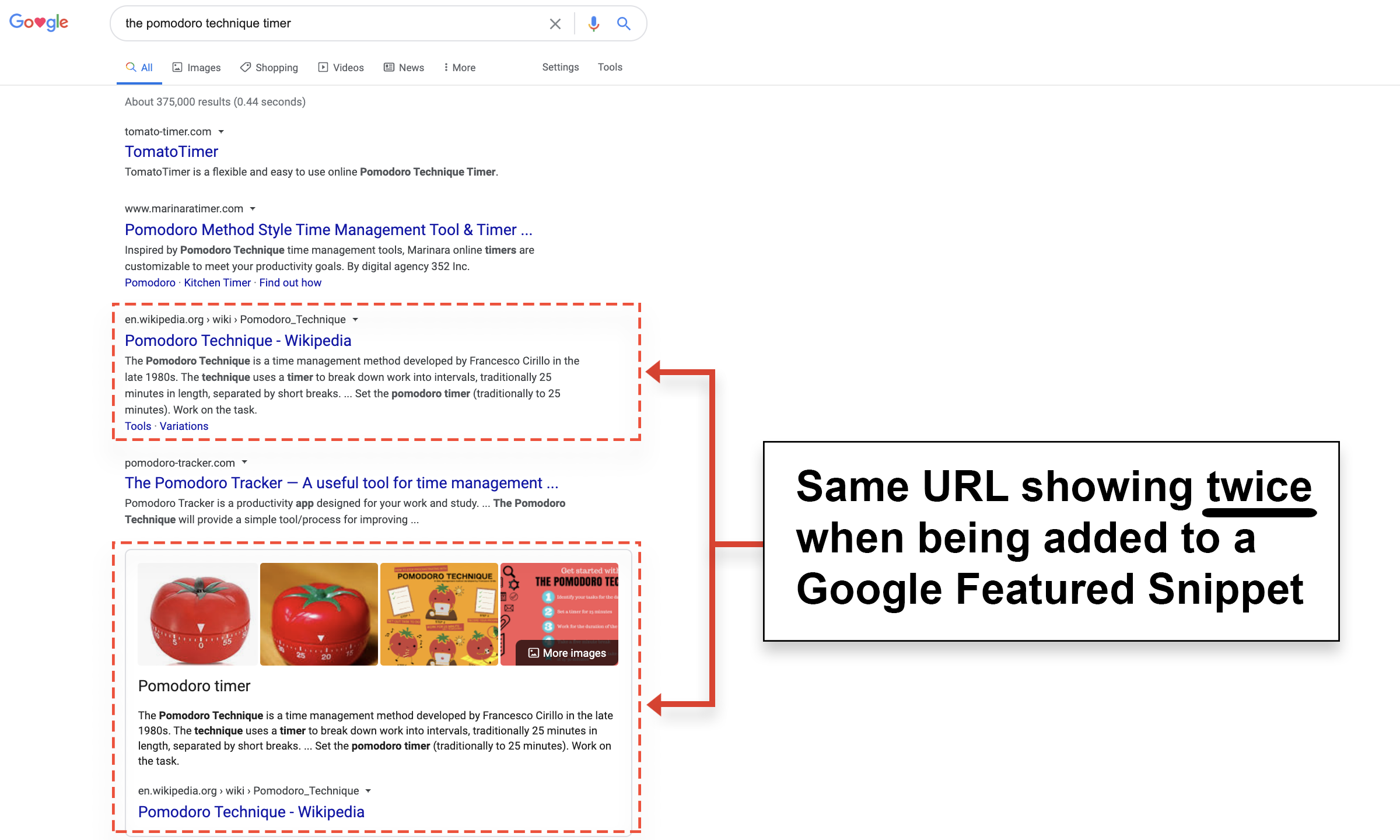 some google featured snippets having second URL repeated