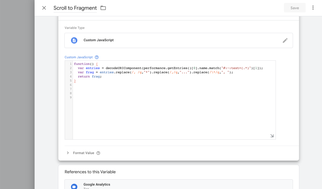 scrolltotext fragment featured snippet code in google tag manager