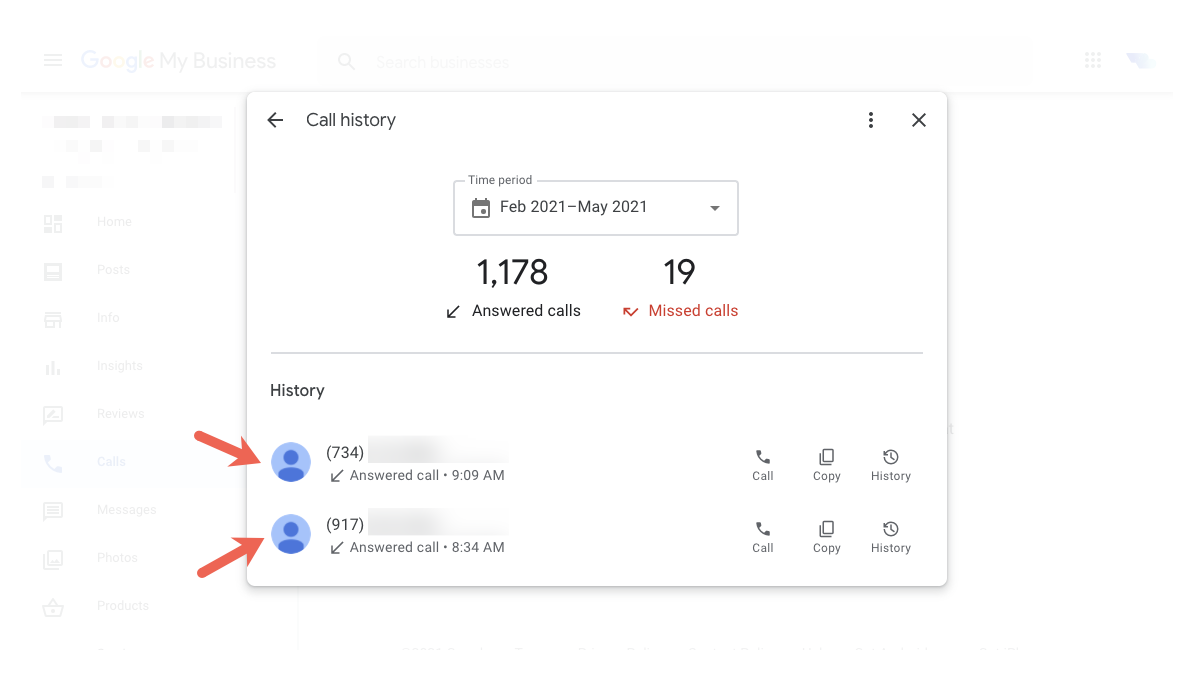 call history tracking in google my business dashboard new report beta