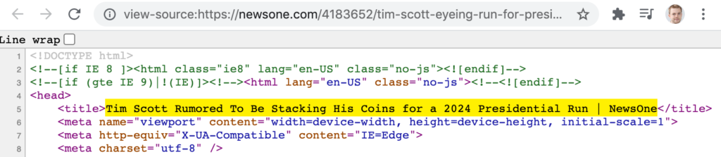 title tag set for a page within the html