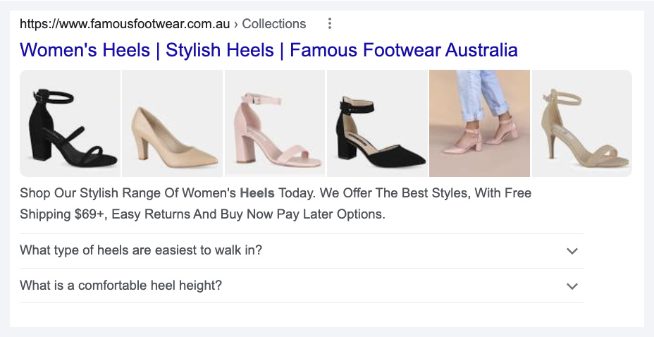 ecommerce category page showing with multi image thumbnails and faq rich results